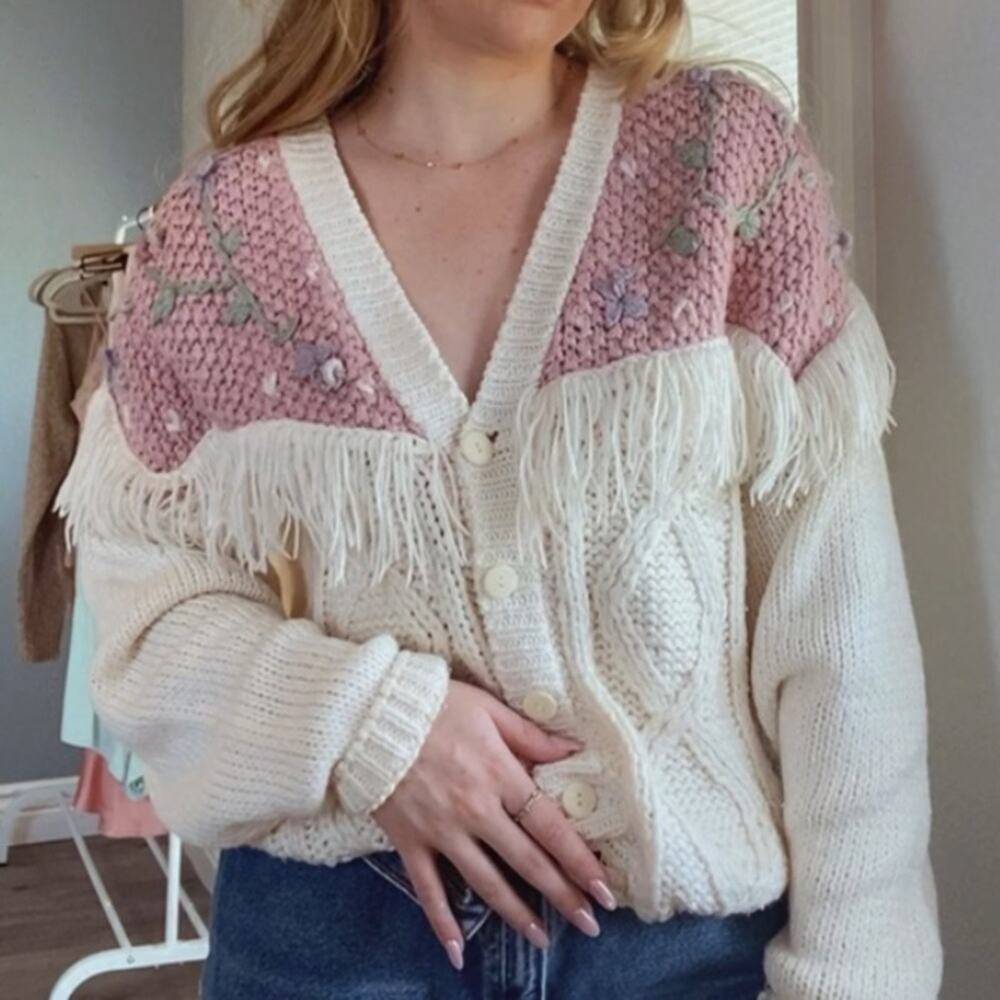 Vintage Cream with Pink Purple Floral Knit Sweater Cardigan Fringe